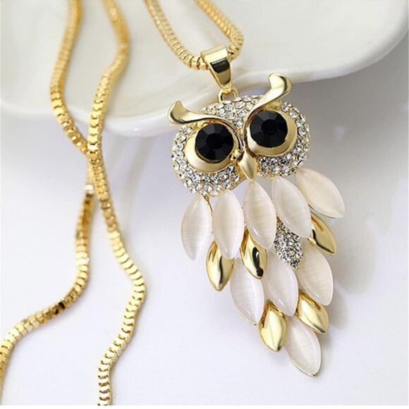 Owl Crystal Pendant Necklace Womens Fashion Long Gold Chain Accessory New - Picture 1 of 7